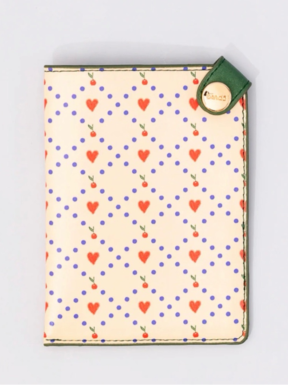 NWT ban.do Cream Passport Holder with Red Hearts, Blue Dots and Green Snap
